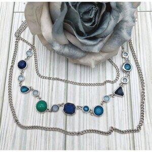 Silver Tone Multi Strand Chain Collar Necklace Shades of Blue Pendants 18"